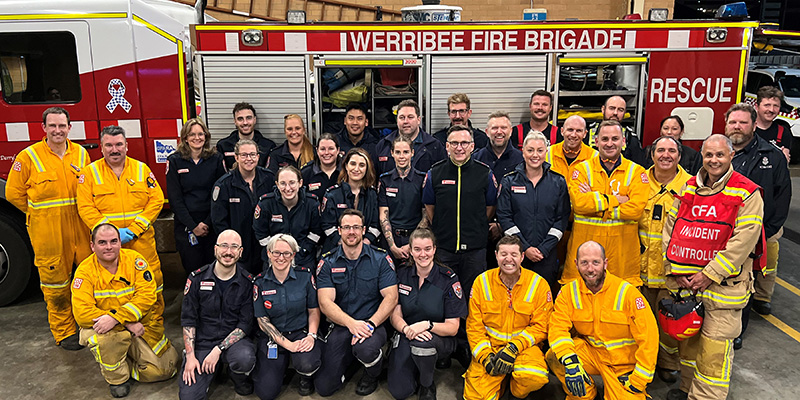 A group shot of the first responders from AV6K, Country Fire Authority, and Victoria Police who participated in the training exercise.